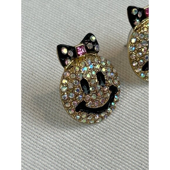 Smiley Face Rhinestone Stud Earrings Black Hair Bow Gold Tone - Picture 3 of 7